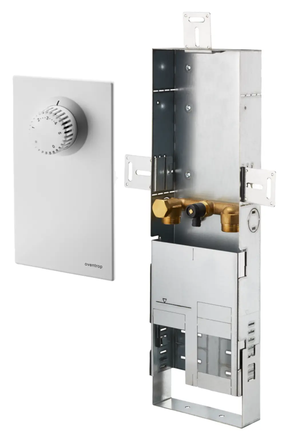 Montagekanal von Oventrop mit integriertem Thermostat und Rücklaufabsperrung, geeignet für Heizungsinstallationen, mit verchromten Anschlüssen und montierbarem Gehäuse.